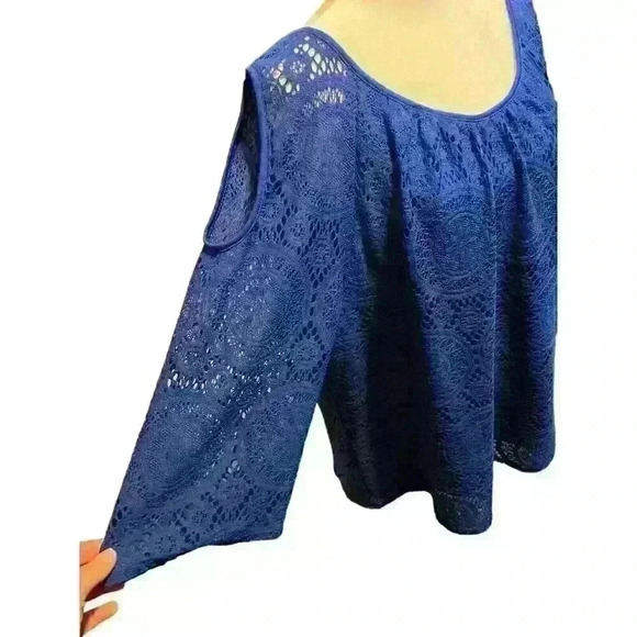 Roz & Ali Women's 3X Cold Shoulder Blouse Blue Lace Design 3/4 Sleeves - Picture 6 of 6